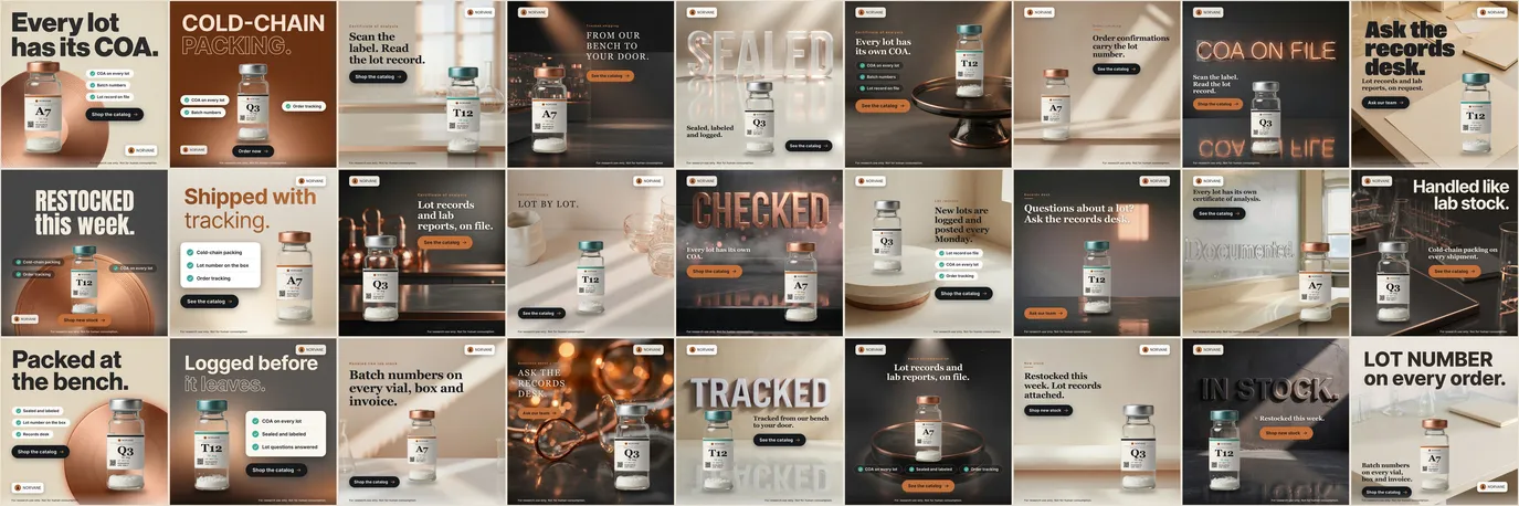 The Norvane spread: 27 sample ads, nine Seasons across, three variants down
