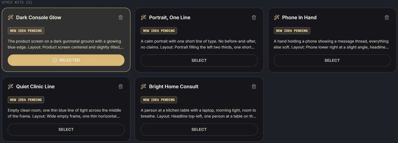 Saved style kits in the product: Dark Console Glow, Portrait One Line, Phone In Hand, Quiet Clinic Line, Bright Home Consult